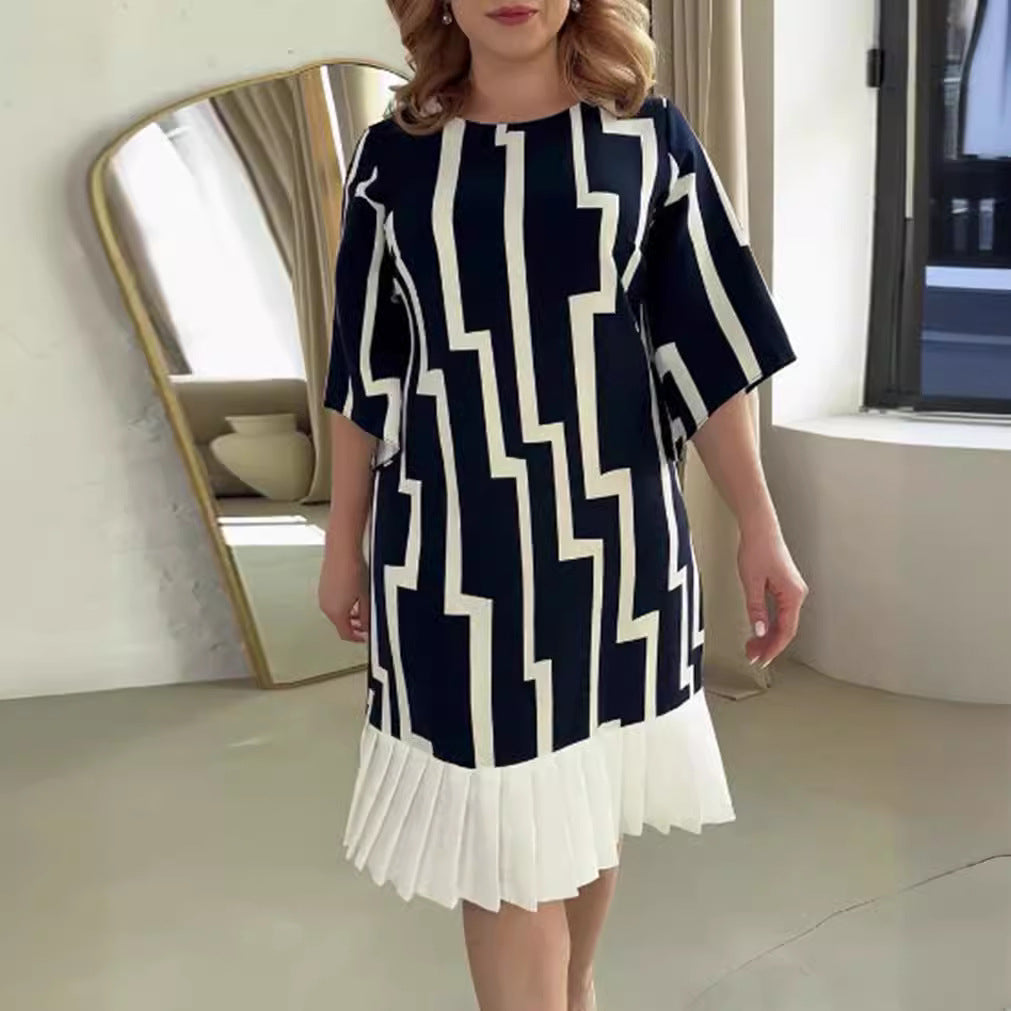 Women's Fashion Striped Stitching Pleated Round Neck Dress