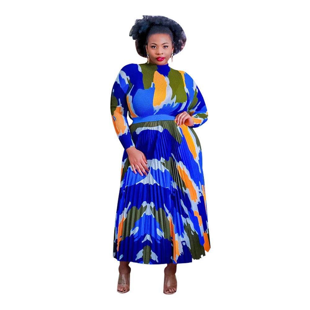 Women's Large Long-sleeved Printed Pleated Two-piece Suits