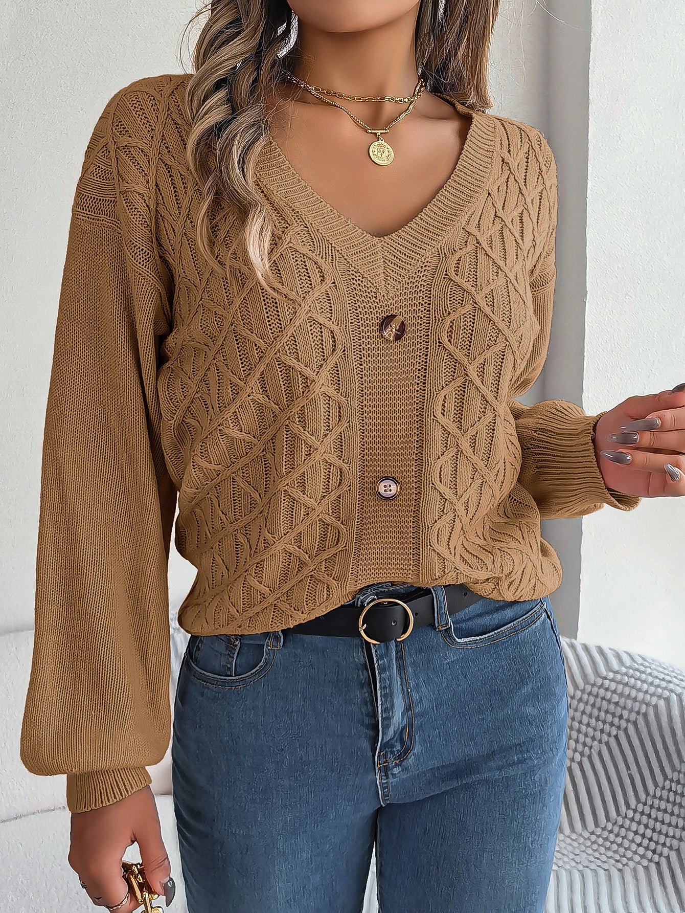Women's Clearance Style Casual Button Twist Lantern Sleeve Sweaters