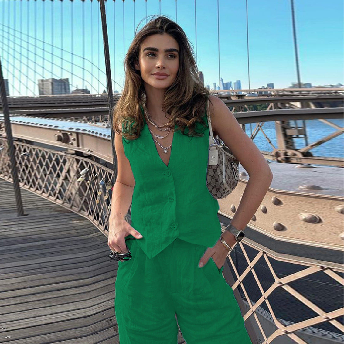 Women's Cotton Linen Sleeveless Waistcoat Trousers Two-piece Set Suits