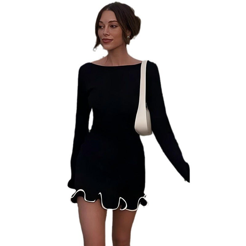 Women's Pure Color Round Neck Long Sleeve Slim Dress