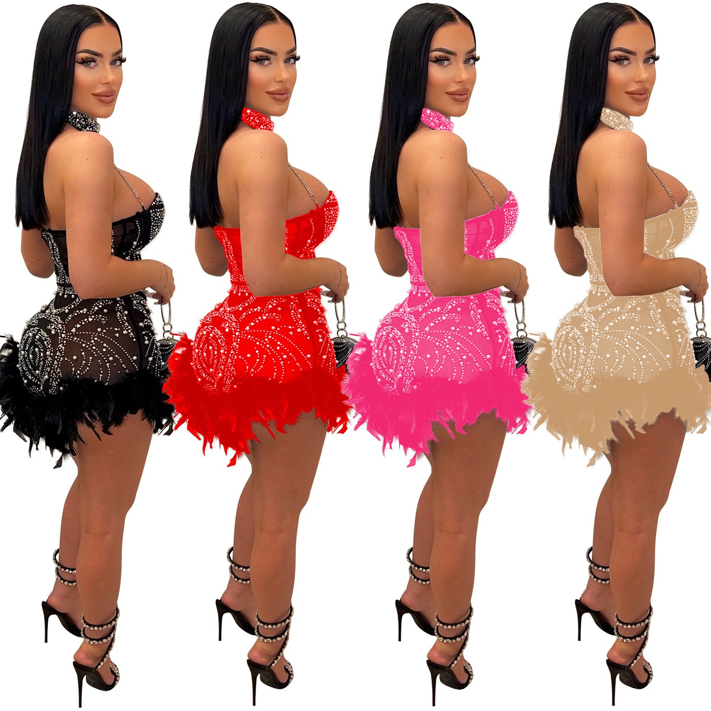 Women's Rhinestone Beaded Sexy Mesh Nightclub Feather Jumpsuits