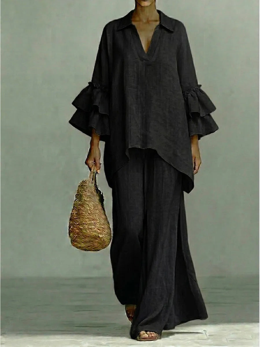 Women's Solid Color Shirt Collar Loose Trousers Fashion Casual Suit