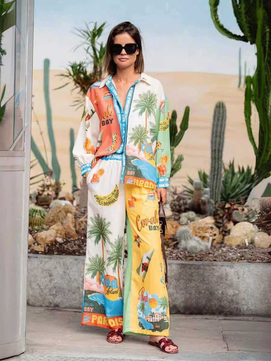 Personalized Printed Macaron Long Linen Sleeves Shirt Fashion Casual Suit