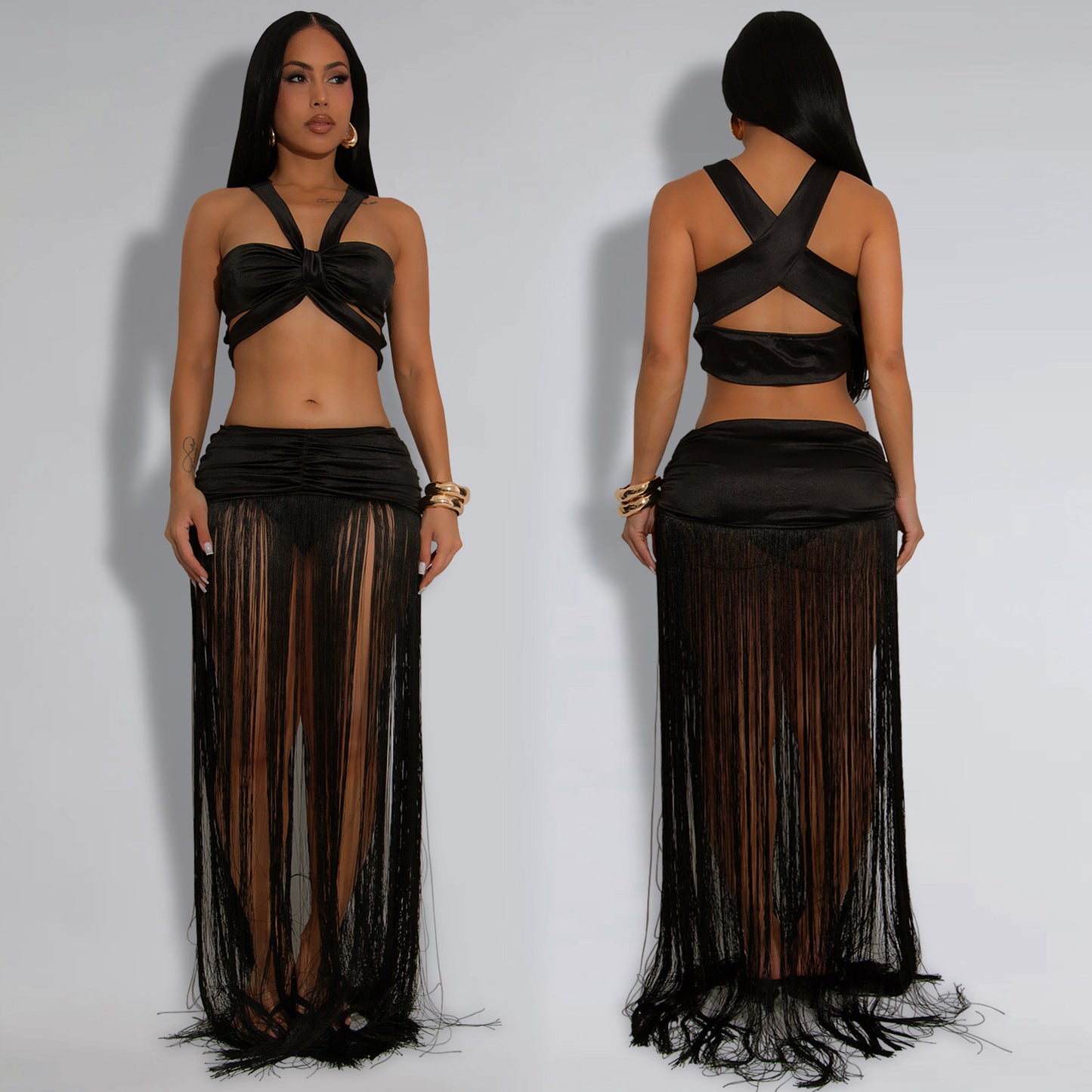 Women's Fashion Wear Sexy Shoulder Strap Tassel Dress Suits