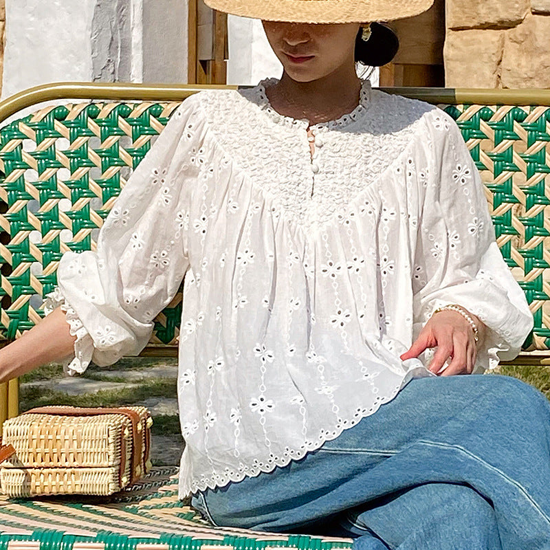 Women's Spring French Embroidery Shirt Long Sleeve Loose-fitting Blouses