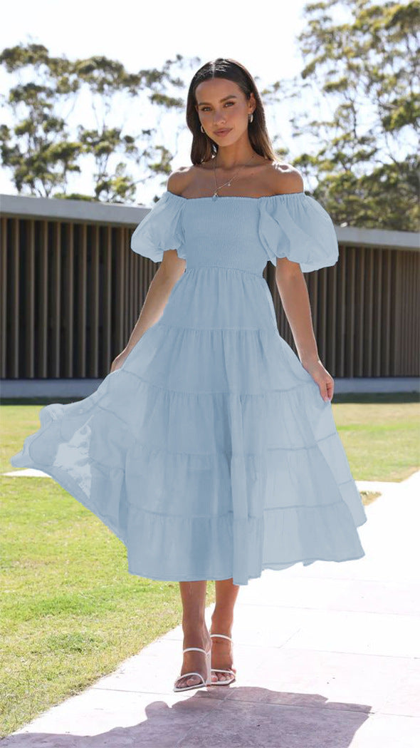 Women's Summer Puff Sleeve Holiday Slim Looking Long Dress Hot Dresses