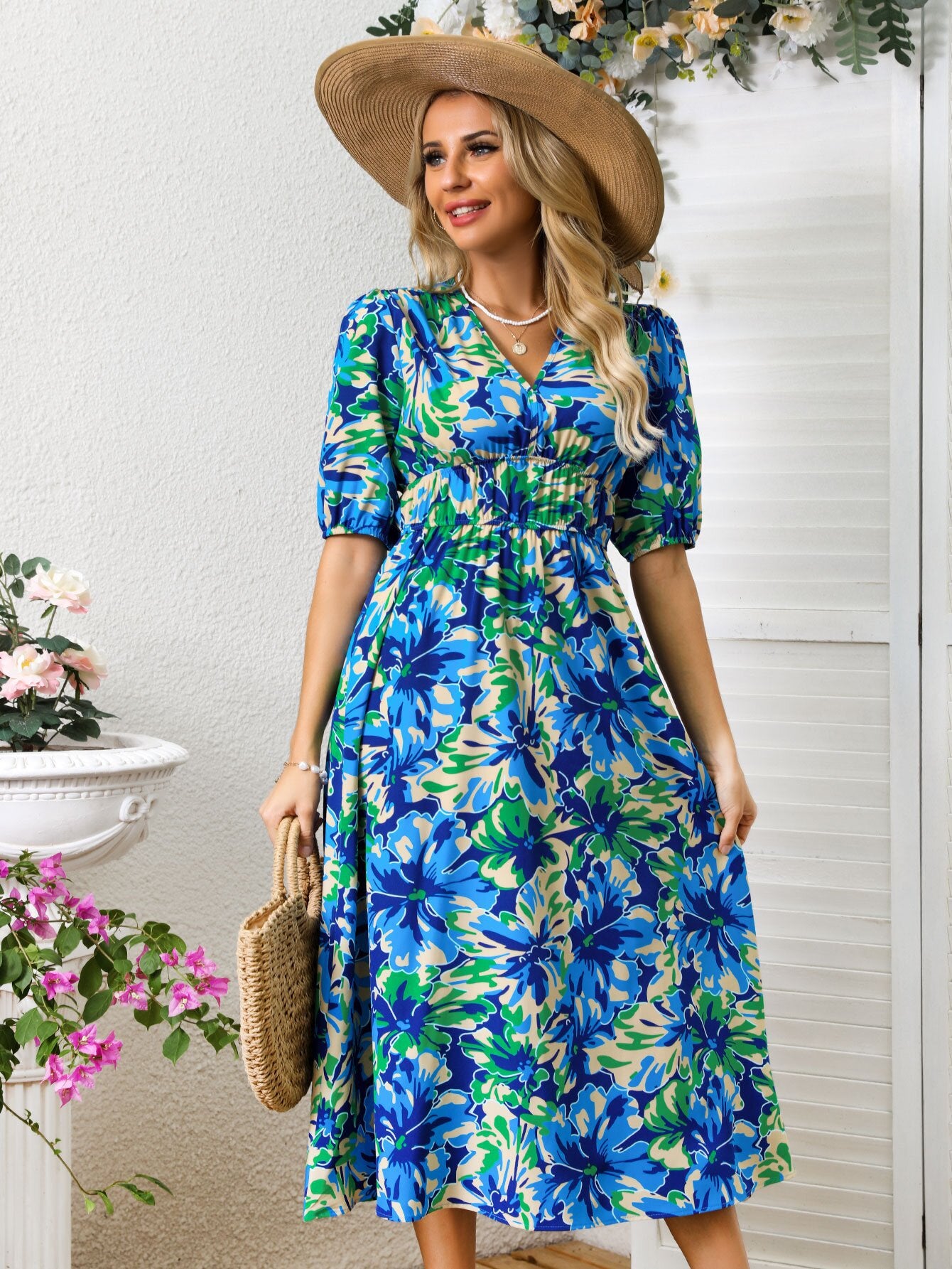 Classy Women's Summer Fashion Printed Waist Dress