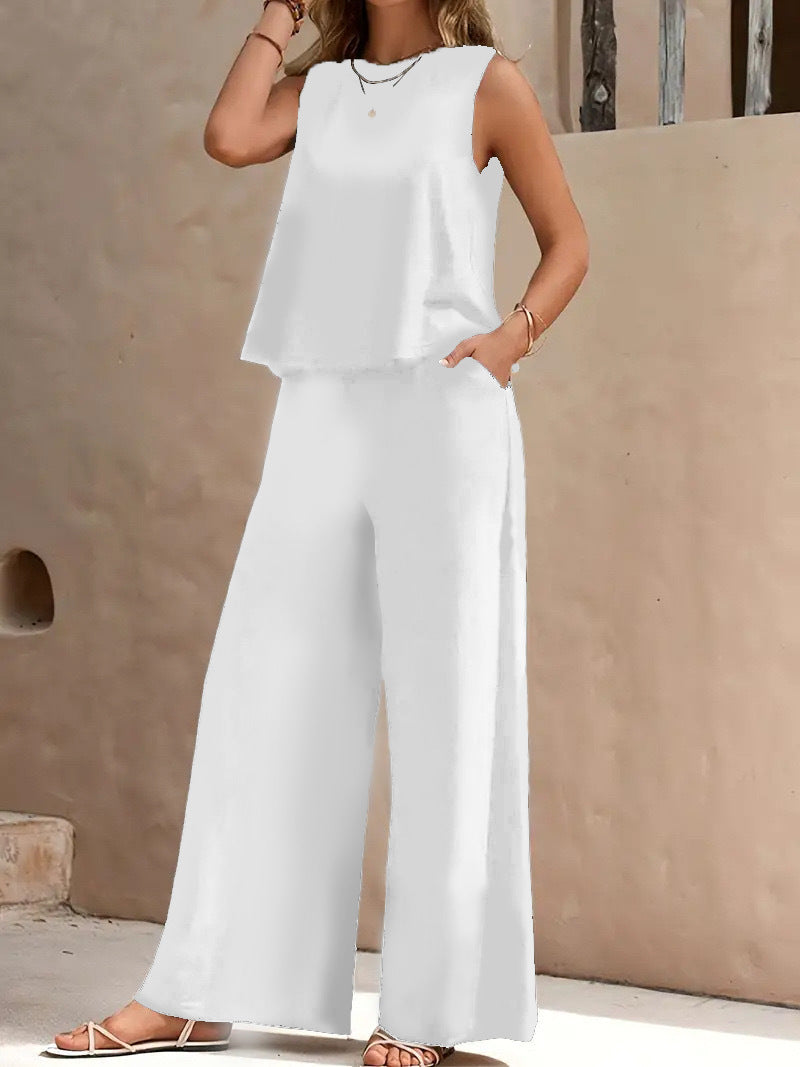 Women's Round Neck Wide Leg Cotton Linen Fashion Casual Suit