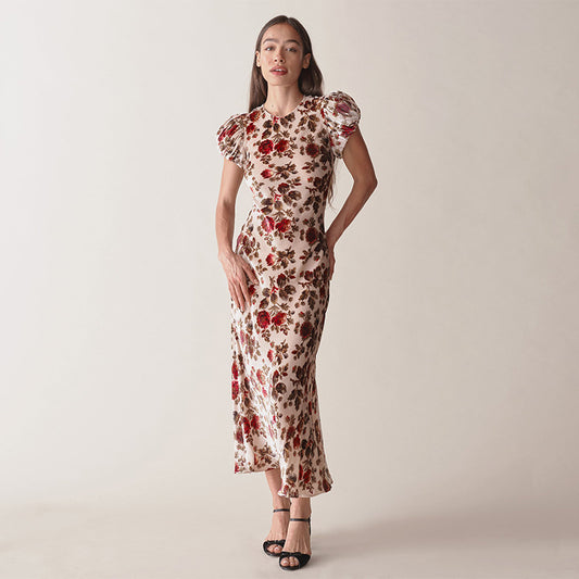 High-grade Burnt Round Neck Sleeve Mid-length Dresses