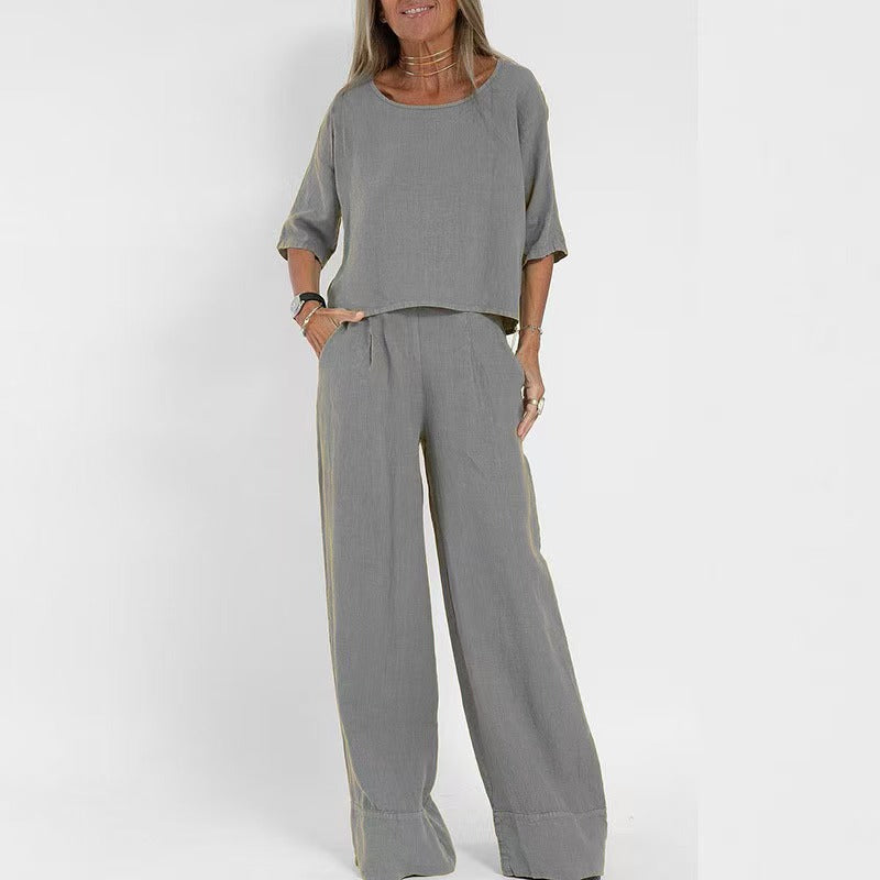 Women's Pocket Trousers Beach Sleeve Pullover Cotton Linen Solid Color Two Fashion Casual Suit
