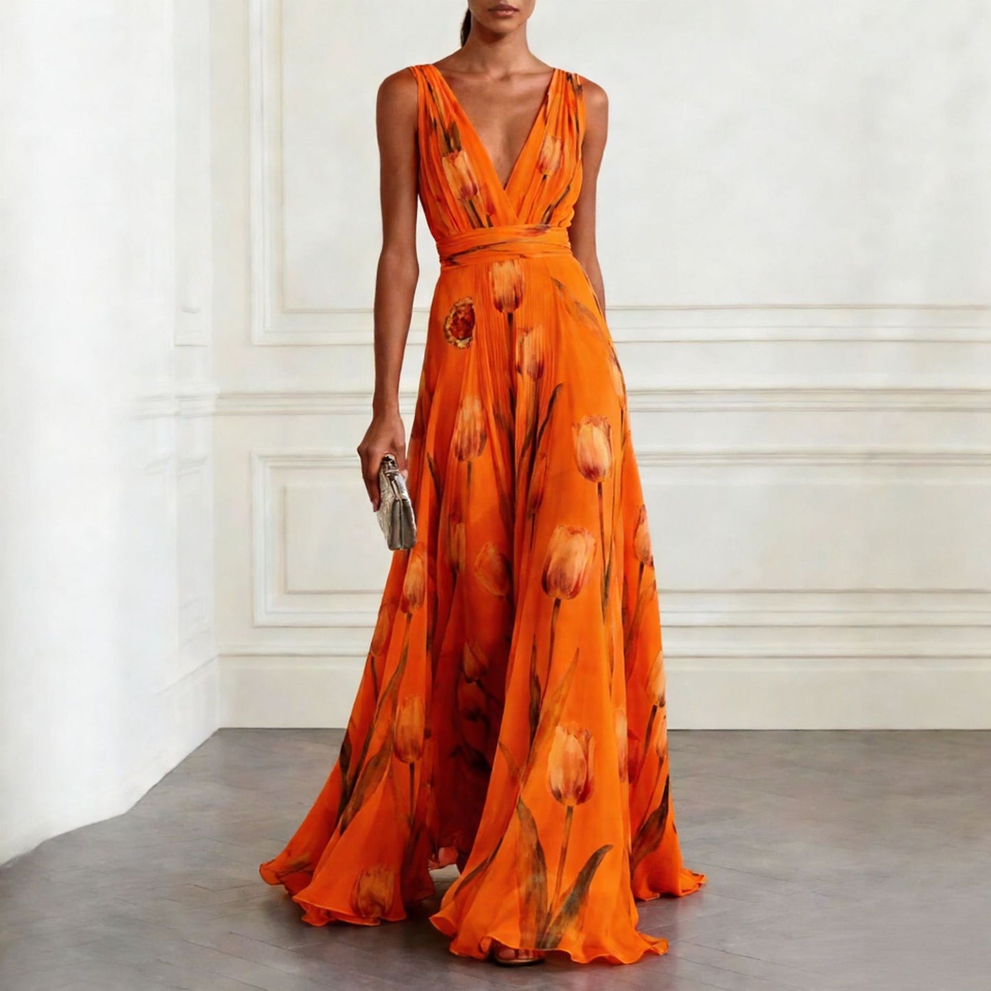 Women's Tulip Print Sleeveless Temperament Long Female Dress
