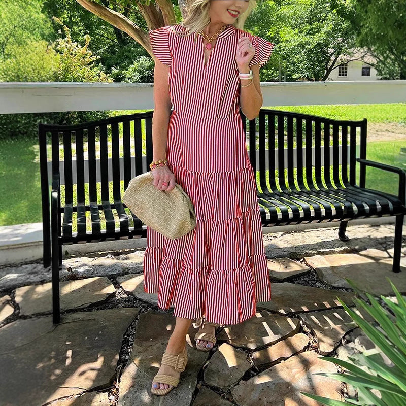 Women's Summer Temperament Striped Printed Flying Sleeves Dress