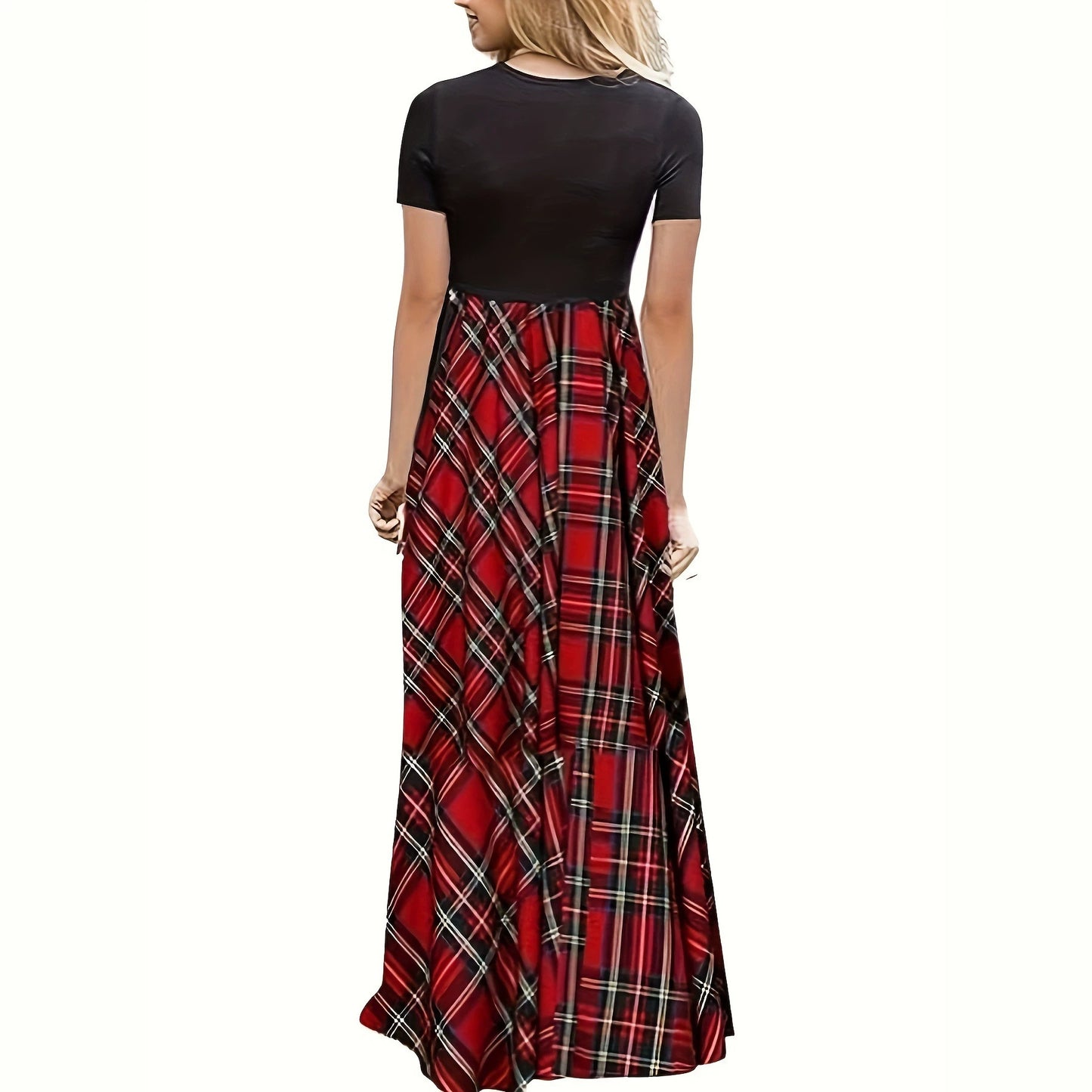 Women's Neck Stitching Contrast Color Check Fashion Casual Swing Dress