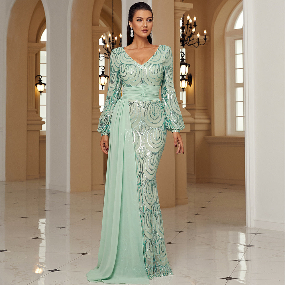 Women's Long Sleeve Sexy Sequined Banquet Ribbon Dresses
