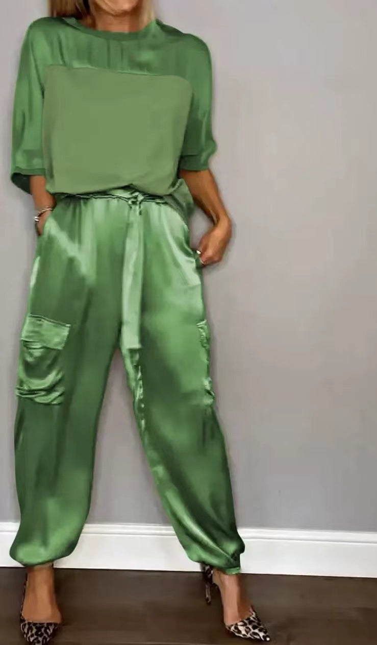 Women's Solid Color Smooth Satin Half Sleeve Shirt Two-piece Fashion Casual Suit
