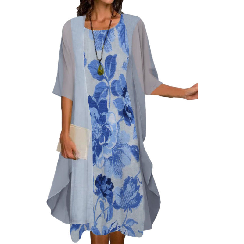 Women's Summer Casual Dress Two-piece Set Flowers Plants Printed Dresses