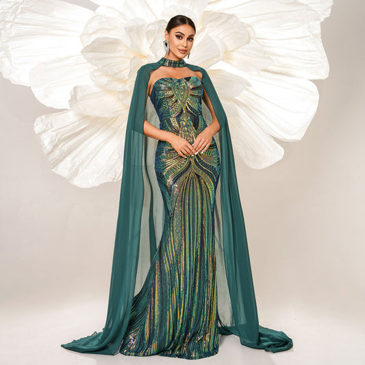 Women's Sleeve Sequined Banquet Cloak Fishtail Dress Dresses
