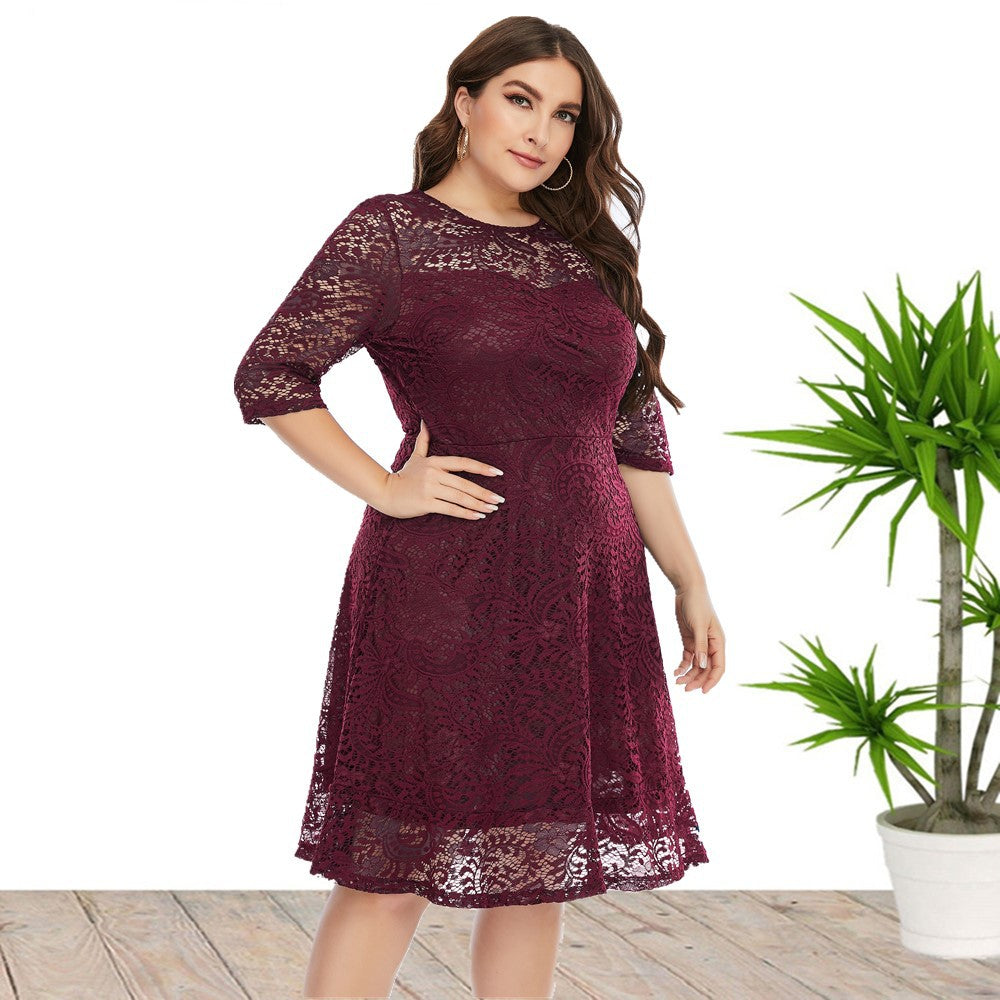 Women's Round Neck Lace Mid-length Formal Dress Dresses