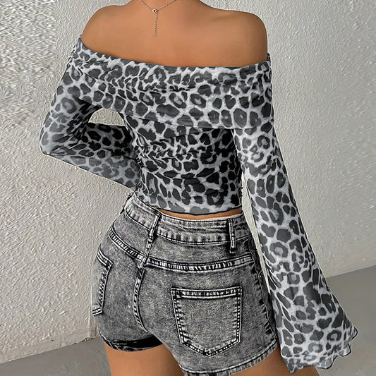 Women's Sexy Long Sleeves Cropped Leopard Print Blouses