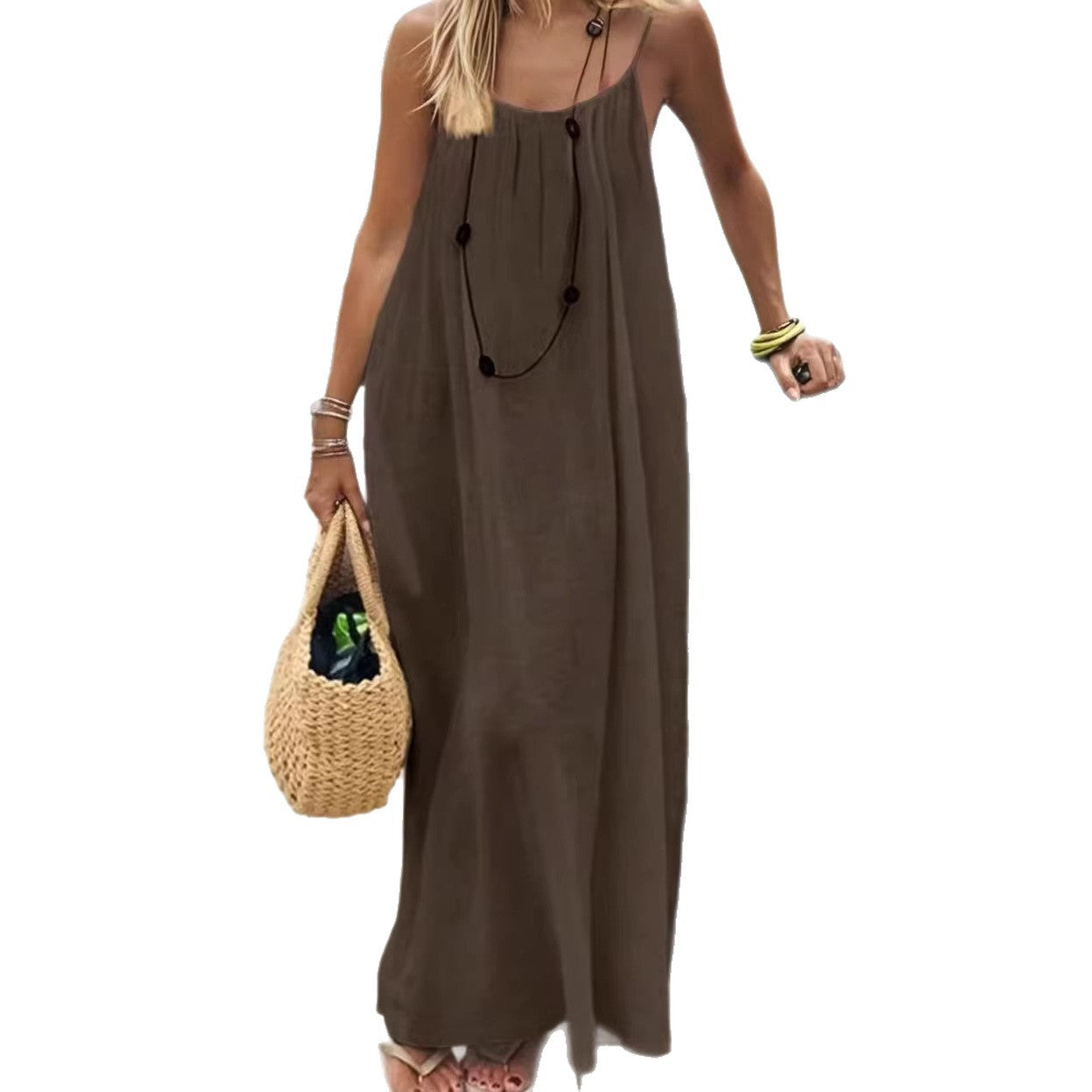 Women's Backless Loose Long Beach Vacation Spaghetti Dress