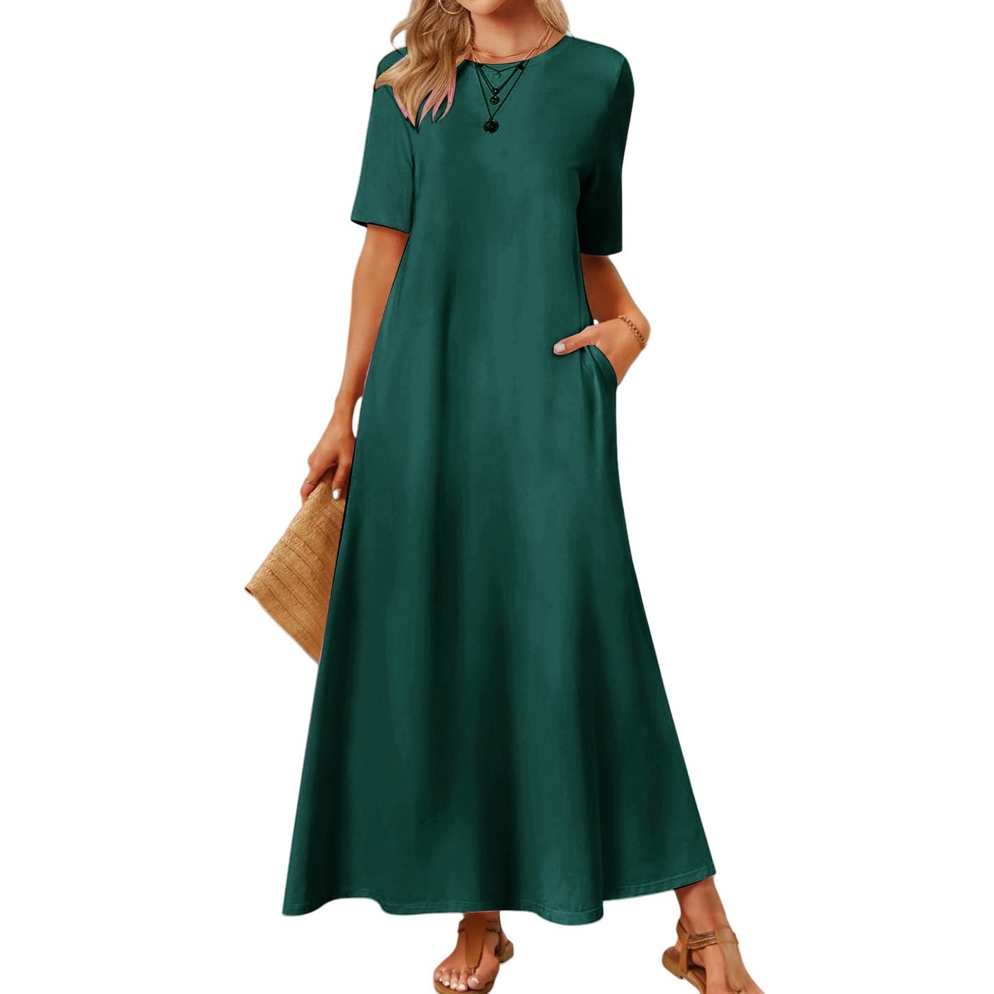 Women's Solid Color Round Neck Pocket Sleeve Dress