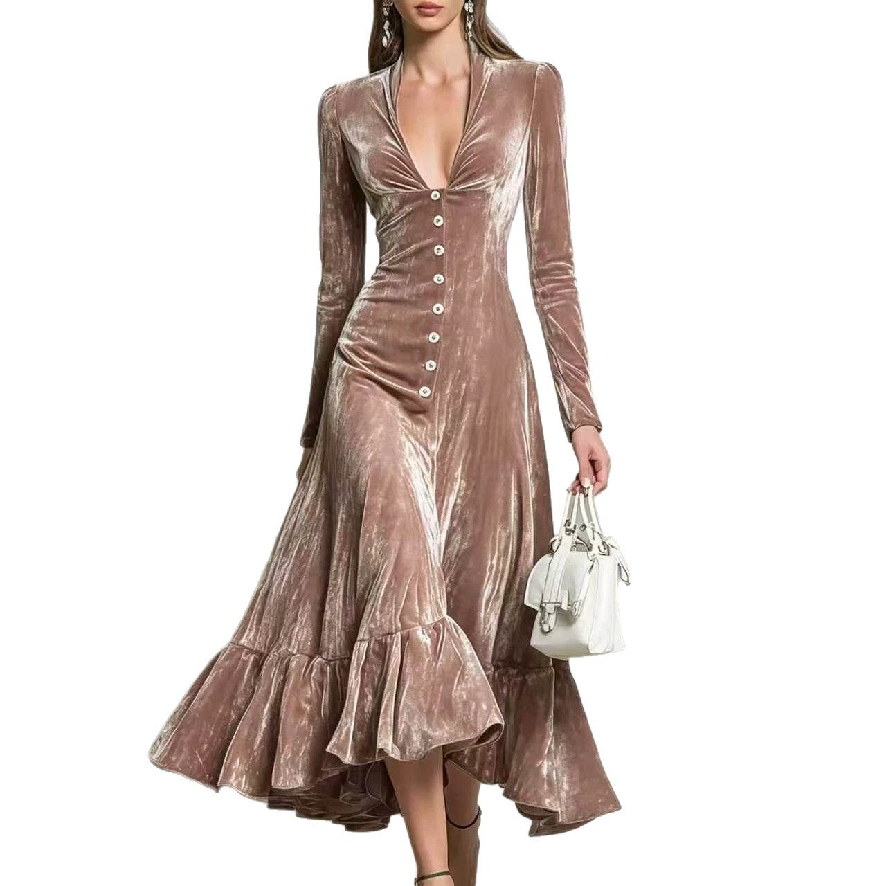 Solid Color Buttons Lapel Long Sleeve Waist Dress
