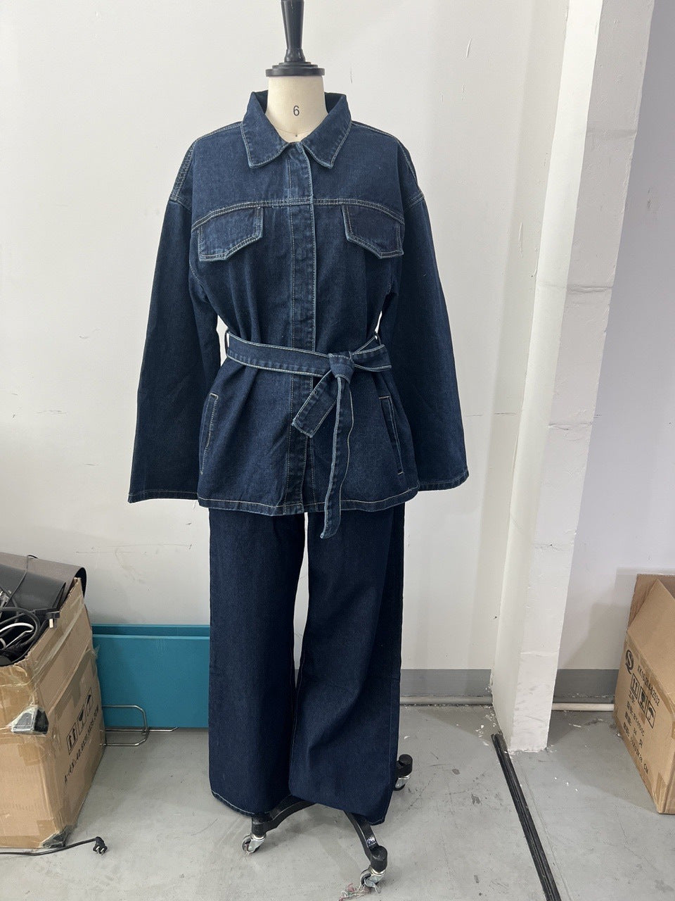 Elegant Lapel Belt Denim Long Sleeve Suits