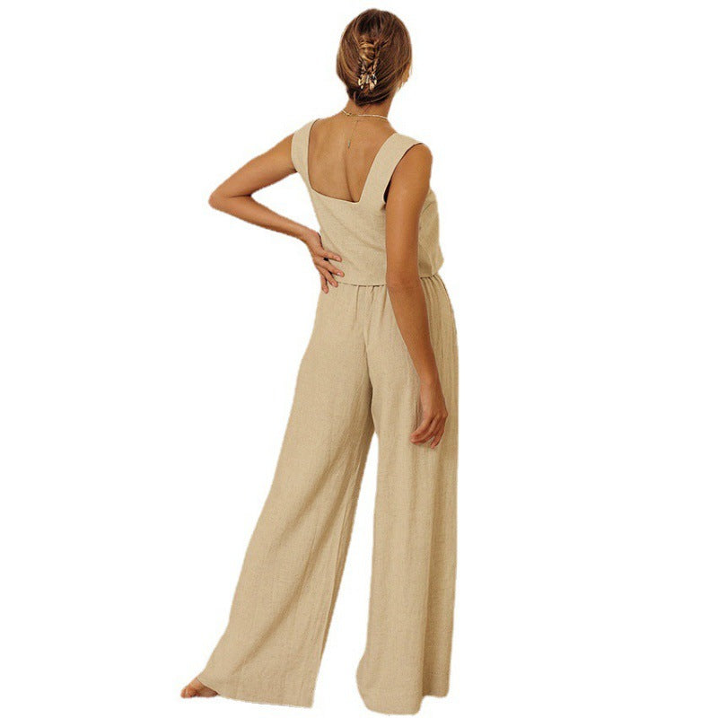 Women's Cotton Linen Sleeveless Trousers Loose Outfit Suits