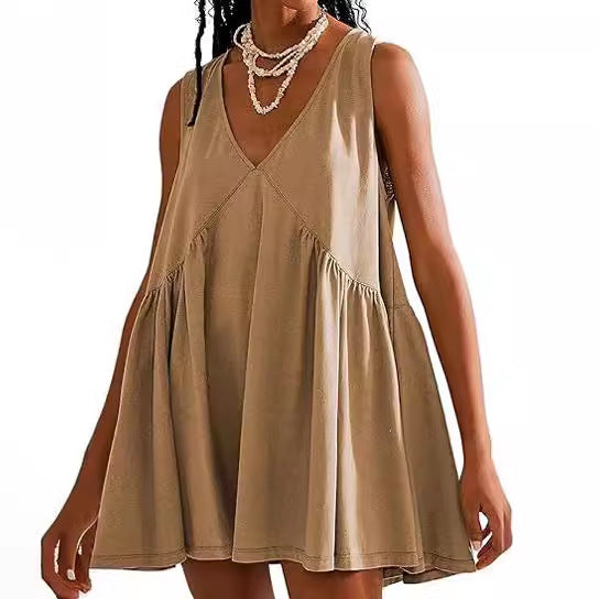 Women's Collar Sleeveless Pleated Pocket Dress Dresses