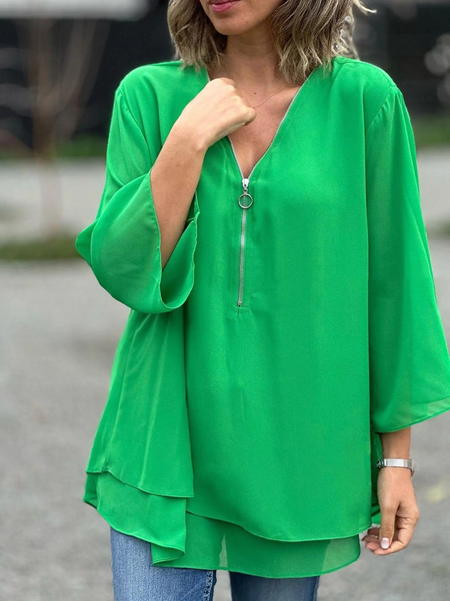 Sleeves Casual Chiffon Metal Zipper Loose Tops