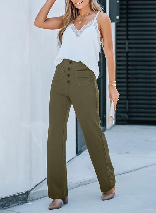 Women's Casual Straight High Waist Button Elastic Pants