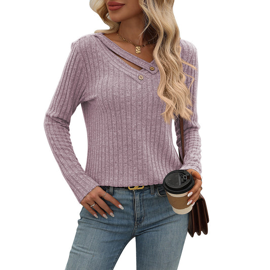 Women's Loose Casual Button Sunken Stripe T-shirt Blouses