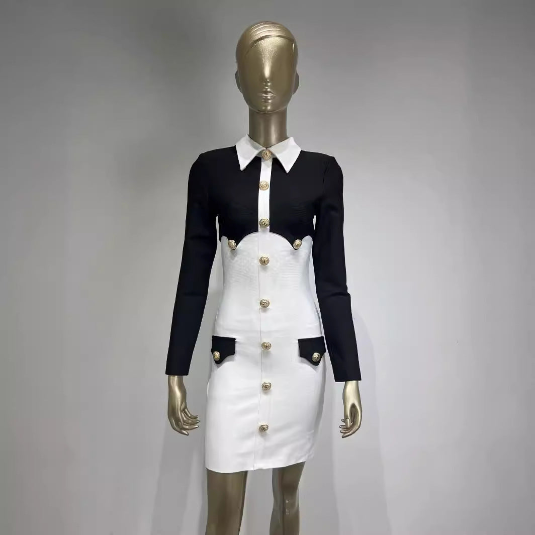 White Stitching Collar Metal Button Bandage Dresses