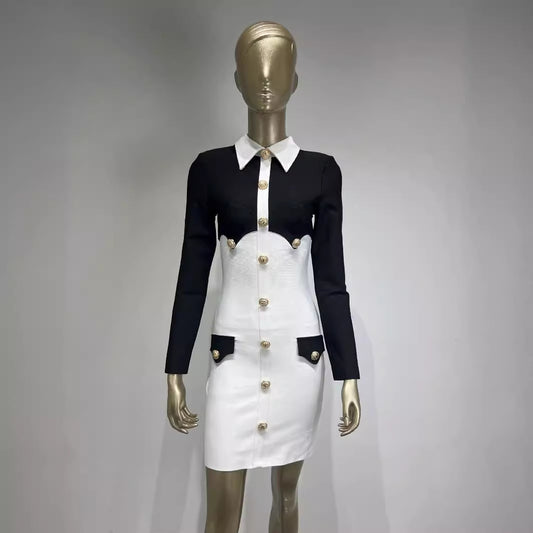 White Stitching Collar Metal Button Bandage Dresses