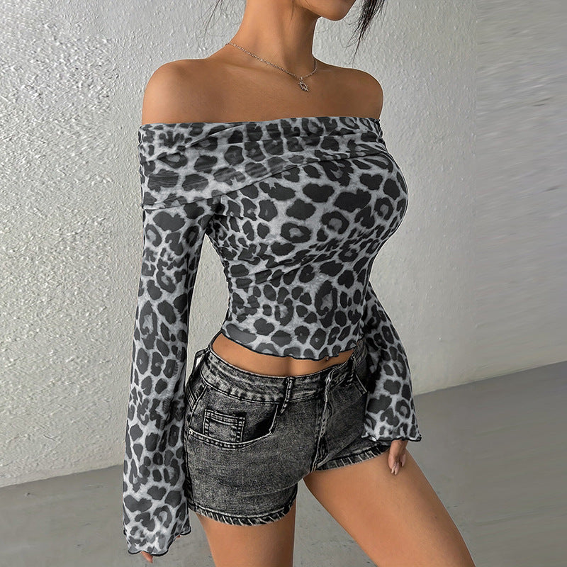 Women's Sexy Long Sleeves Cropped Leopard Print Blouses