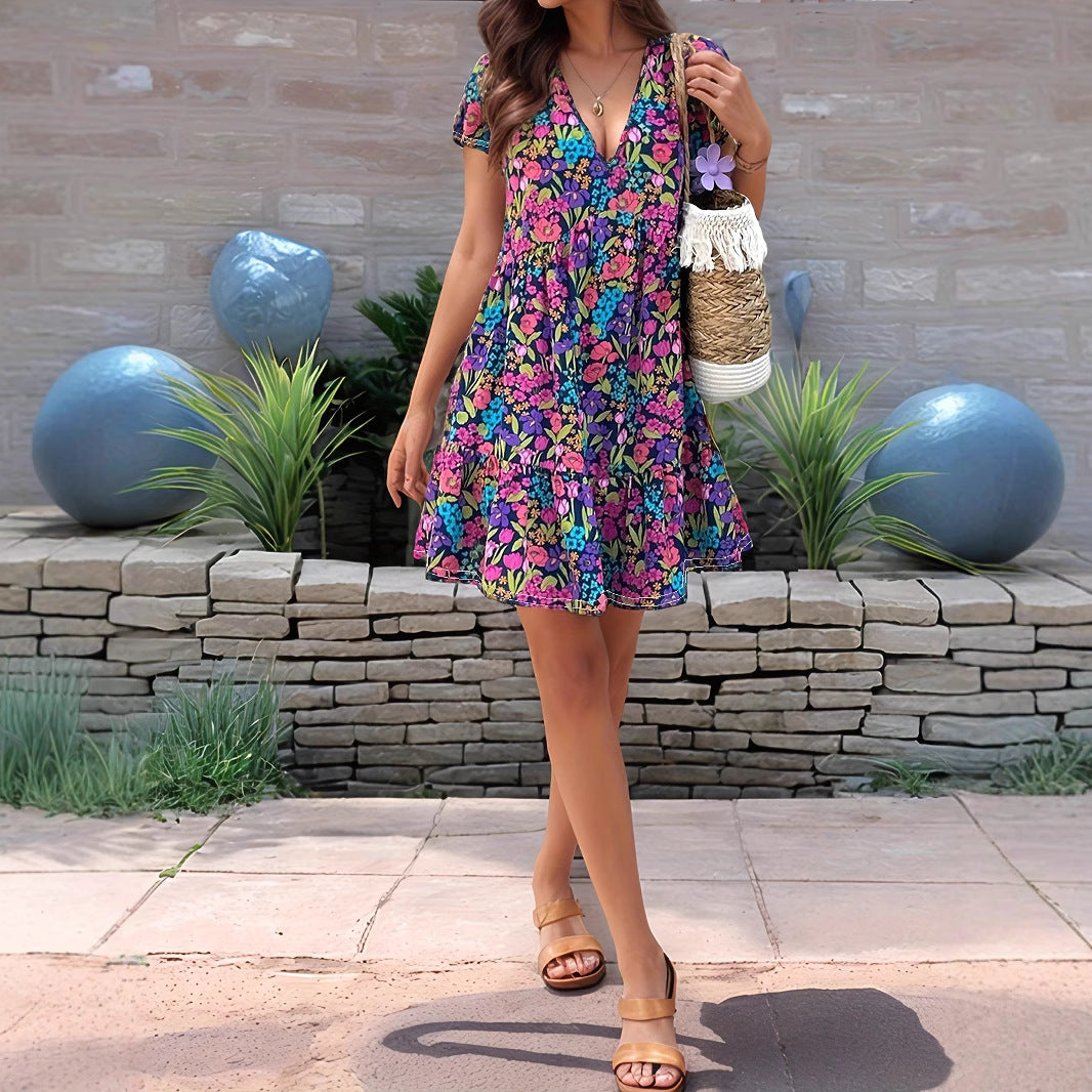 Comfortable Women's Printed Stitching Flower Short-sleeved Dress