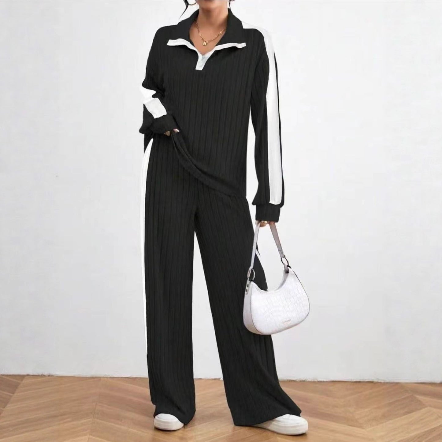 Women's Simple Sports Style Color Contrast Patchwork Lapel Zipper Fashion Casual Suit