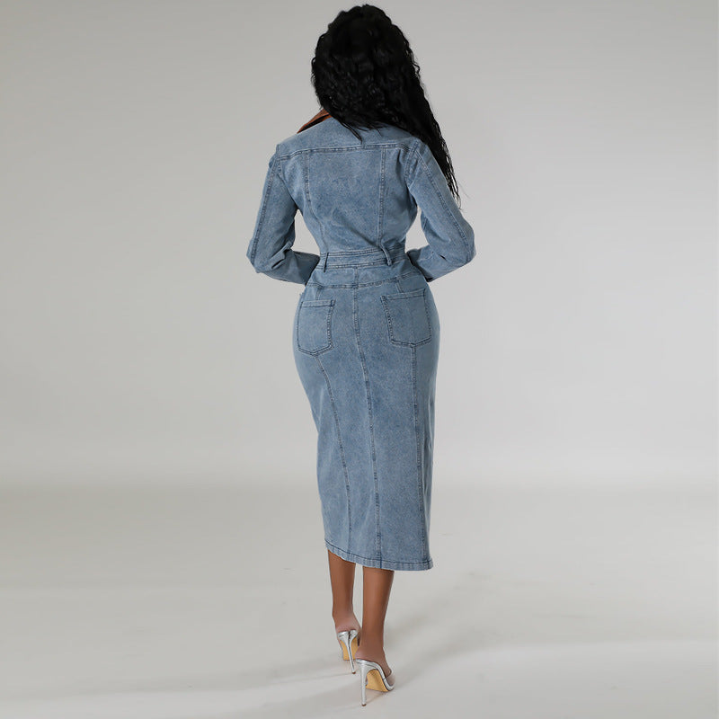 Women's Wear Denim Stitching Long Sleeve Split Dresses