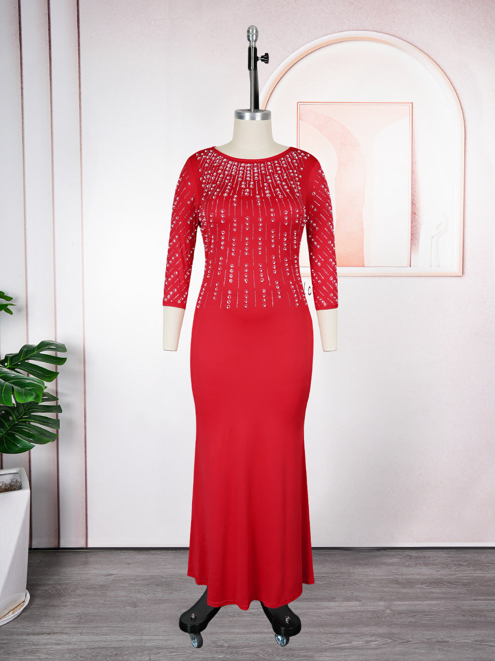 Women's African Fashion Rhinestone Formal Dress Solid Dresses