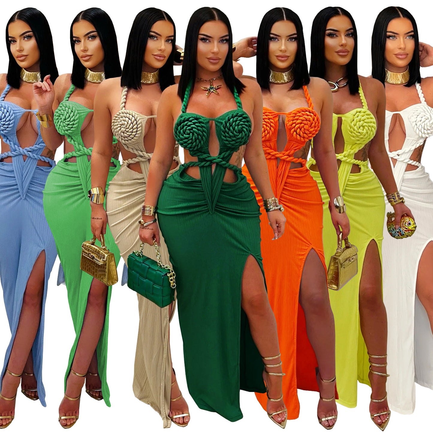 Women's Wear Sexy Knitted Halter Backless Solid Dresses