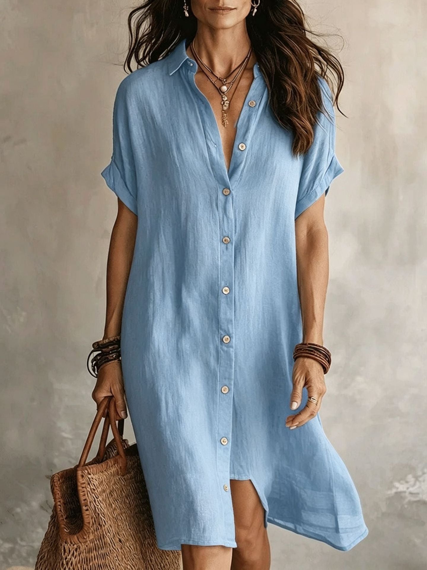 Cotton Linen Shirt Fashion Casual Short-sleeved Dress