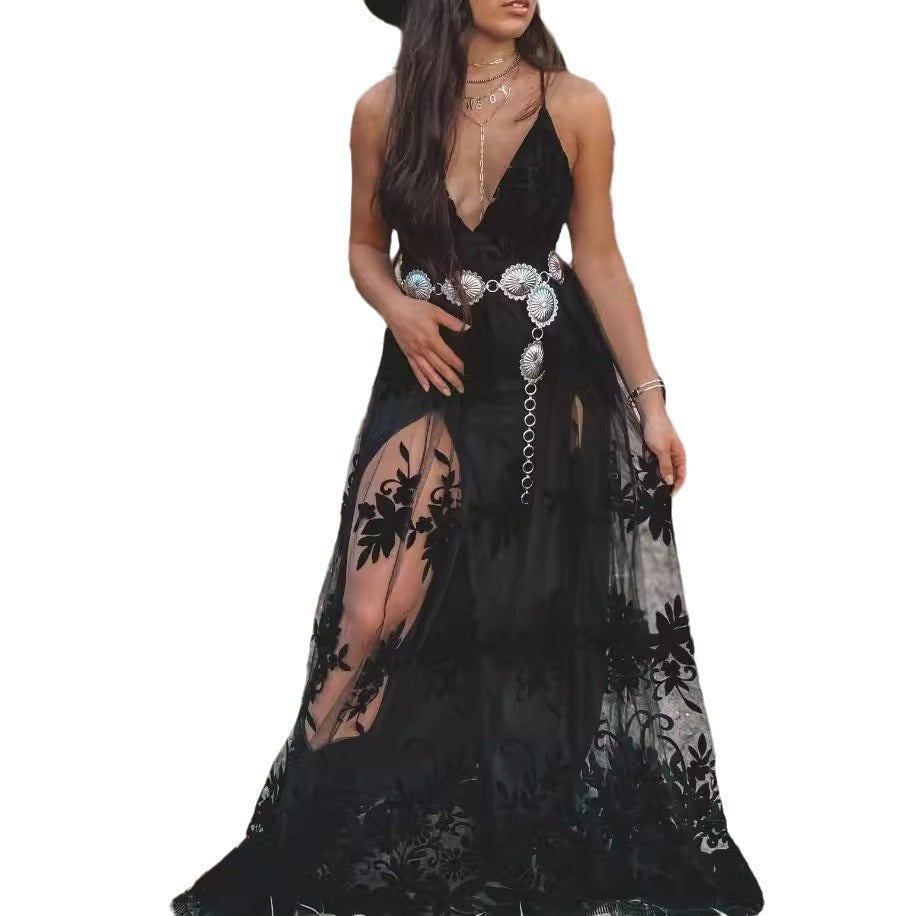 Women's Sleeveless Strap Maxi Dress Exposed Leg Dresses