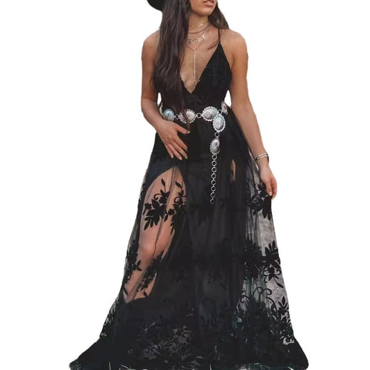 Women's Sleeveless Strap Maxi Dress Exposed Leg Dresses