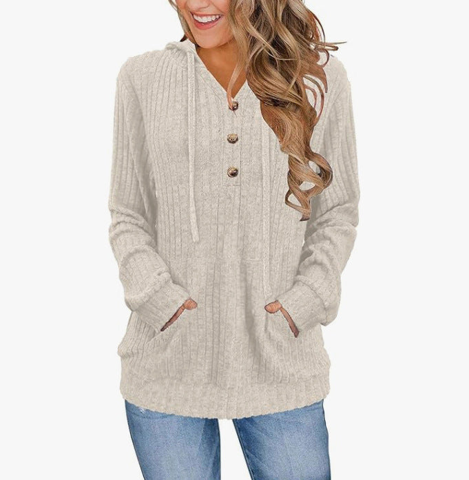 Women's Long Sleeve Hoodie Brushed Sunken Stripe Solid Color Loose Casual Sweater