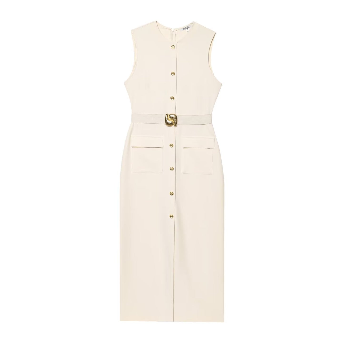 Spring With Belt Crepe Sleeveless Midi Dresses