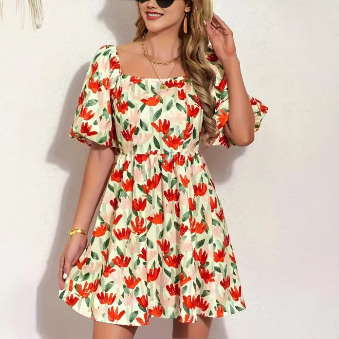 Charming Comfortable Floral Print Lantern Sleeve Dress