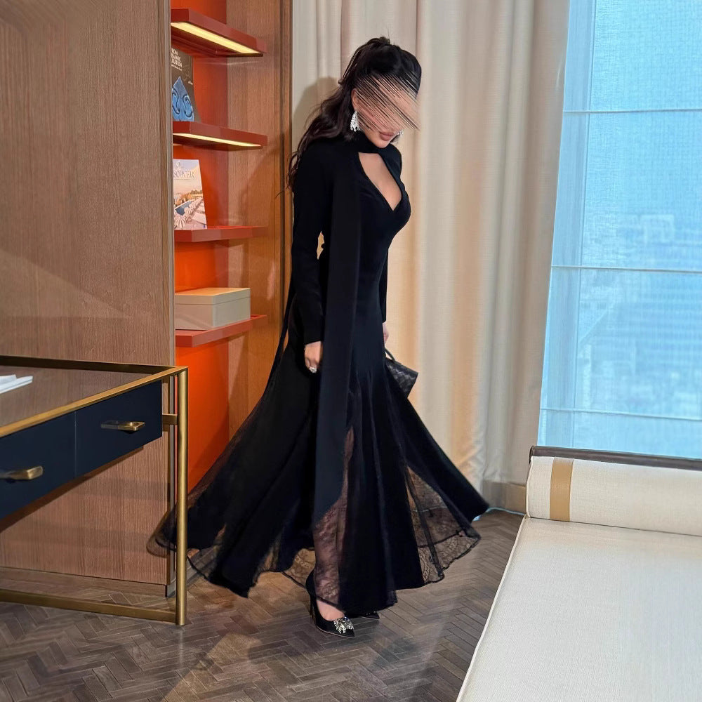 Women's Round Neck Stitching Lace Long Sleeve Slim Dresses