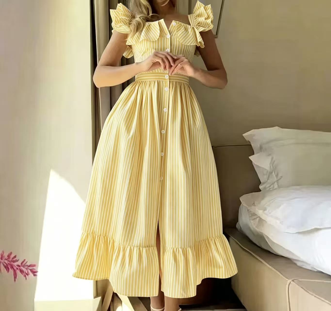 Flying Sleeves Striped Ruffled Long Summer Casual Dress