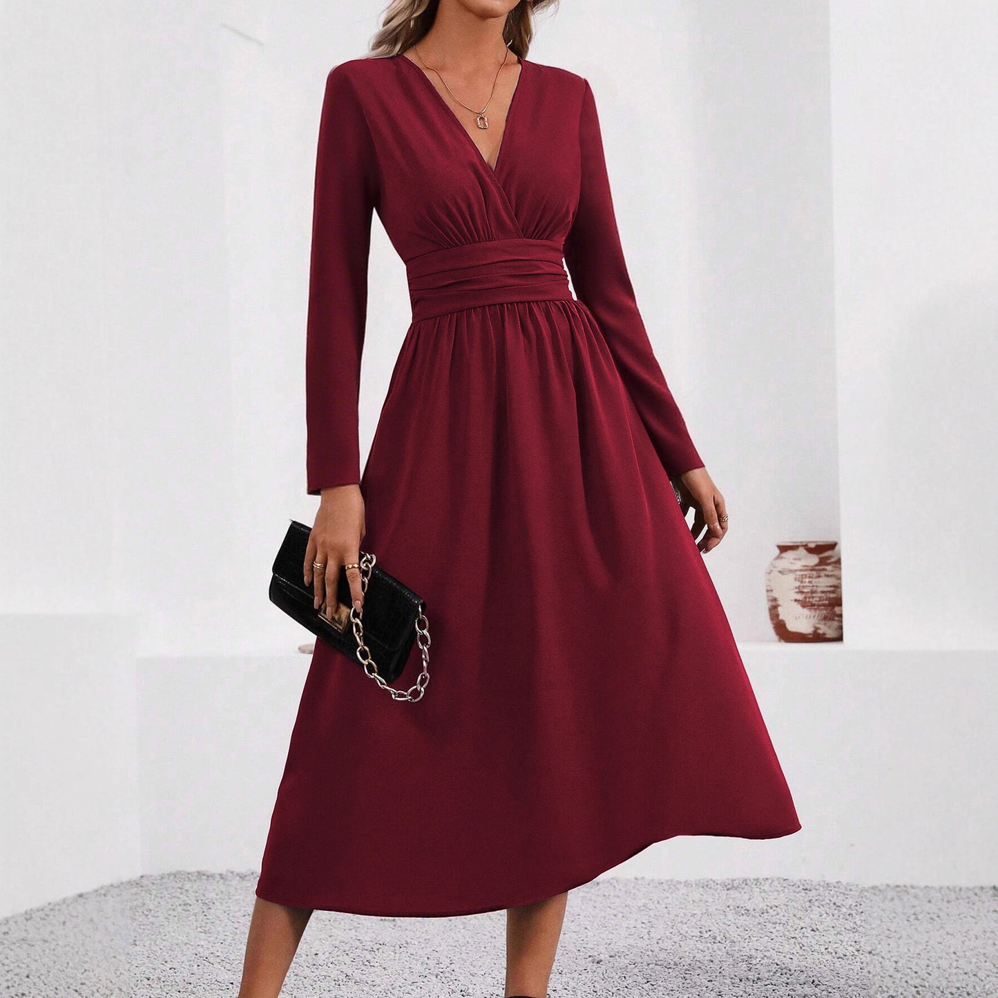 Women's Color Overlapping Long Sleeve Waist Pleated Dress